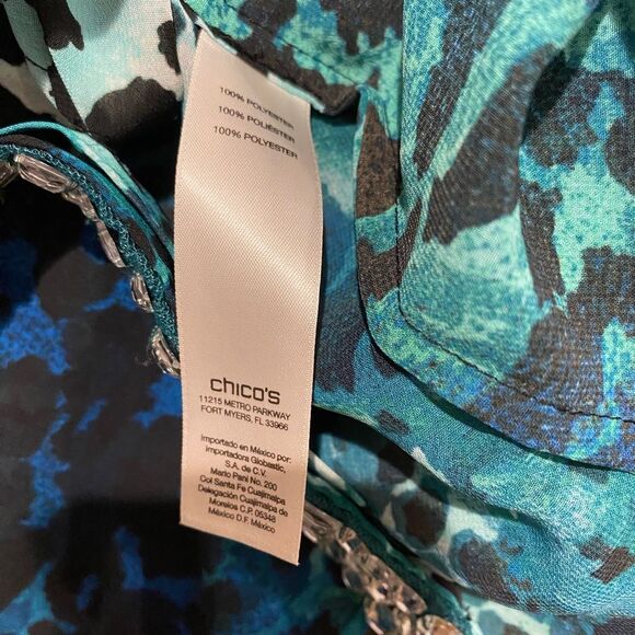 Chico’s Blue & Green Animal Print & Rhinestone Sheer Button Up Size 3, XXL - Picture 10 of 10